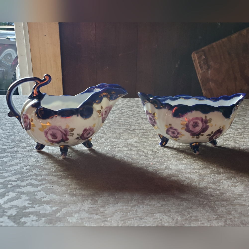 Vintage Footed Cobalt Blue Sugar and Creamer Set